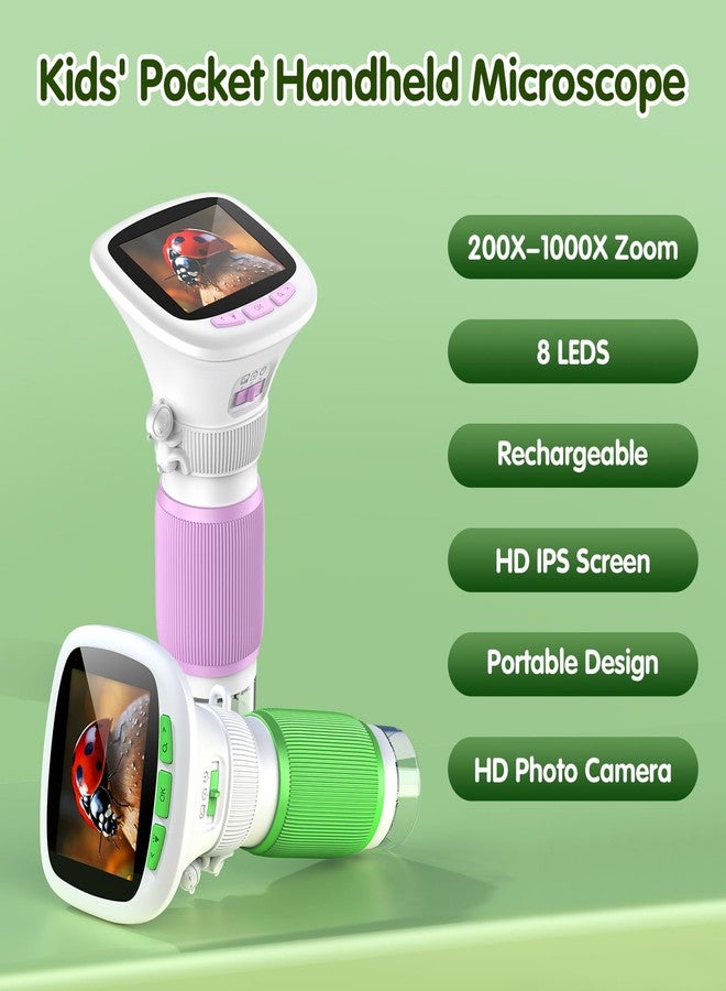 EDCREATY Microscope for Kids, EDCREATY 200X-1000X Portable Pocket Handheld Microscope, 2.4 High-Definition Screen, 200W Pixels for Birthday Christmas Holiday Toys Gifts for 5 6 7 8 9 10 11 12 Kids(White+Green) - Image 5